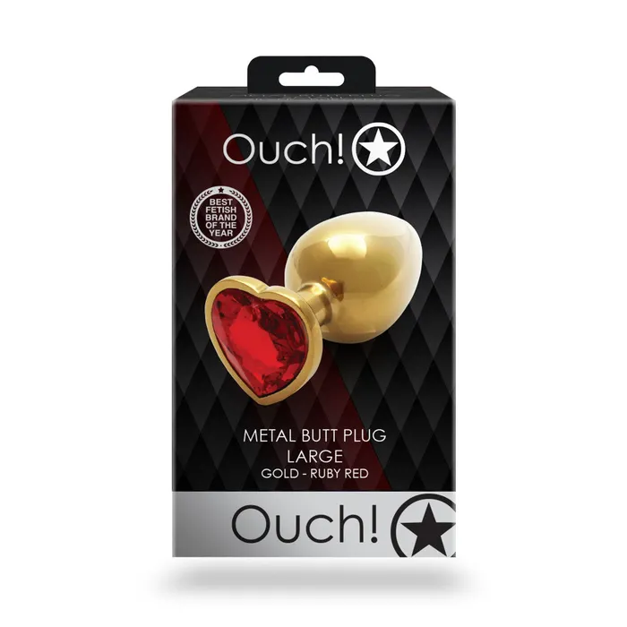 Shots Toys Anal Metal Butt Plug with Red Crystal Heart Ouch Ruby L golden
