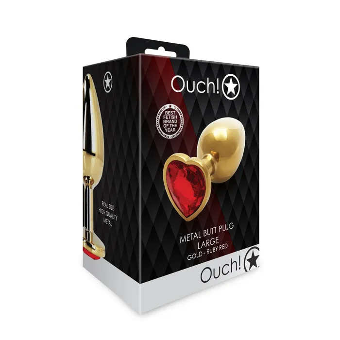 Shots Toys Anal Metal Butt Plug with Red Crystal Heart Ouch Ruby L golden
