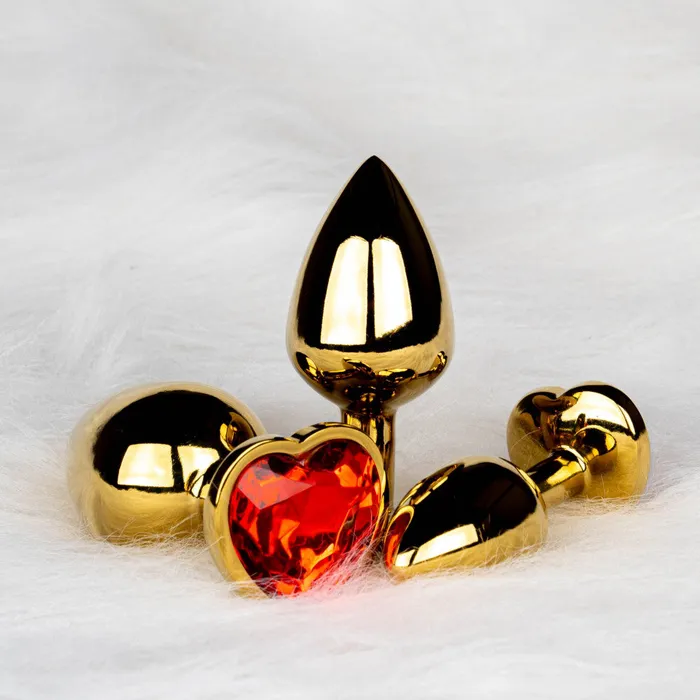 Shots Toys Anal Metal Butt Plug with Red Crystal Heart Ouch Ruby L golden